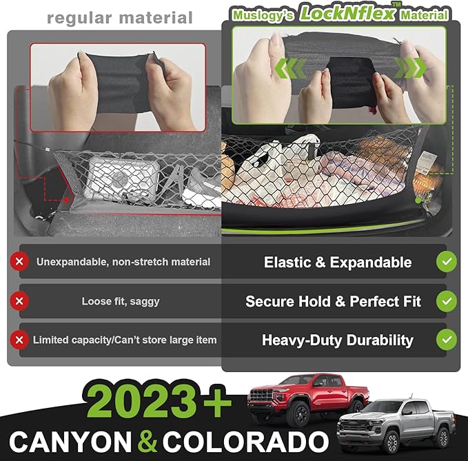 Muslogy Truck Bed Cargo Net Trunk Netting Compatible with Chevrolet Colorado & GMC Canyon 2026 2025 2024 2023 Accessories, Pickup Cargo Organizer SUV Sedan Storage Net w/Heavy Duty Carabiners