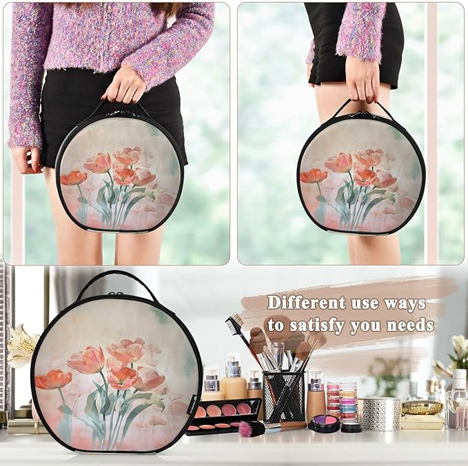senya Round Cosmetic Pouch Travel Makeup Train Case Flower Vintage Makeup Organizer Bag with Adjustable Dividers Portable for Cosmetics Makeup Brushes Toiletry Jewelry Accessories