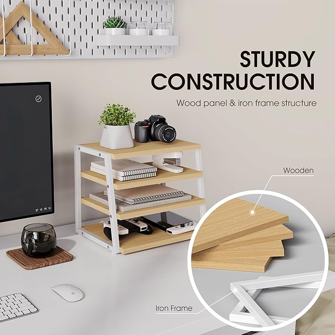Fenge Dual Monitor Riser with Drawer & 4 Tier Desktop Organizer, Oak