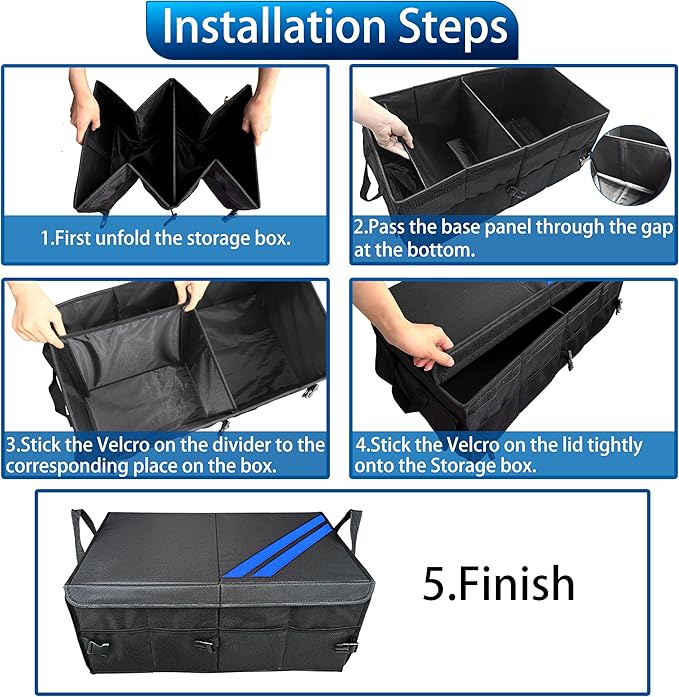 YOSRTER Car Trunk Organizer for Dodge Charger Durango Challenger Ram Collapsible Storage Box with Handle Foldable Lid Non Slip Bottom 2 Compartment Sturdy Base Panel Blue Trim