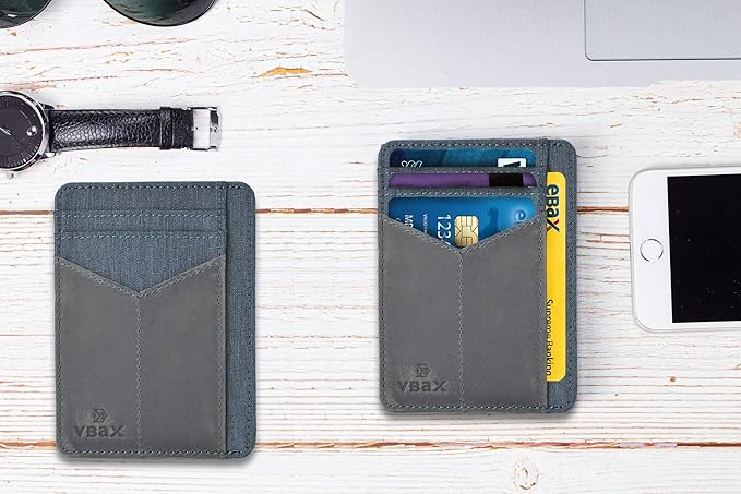 RFID Slim Wallet for Men Women, 8 Card Slot Leather Minimalist Front Pocket Credit Card Holders, Grey Canvas