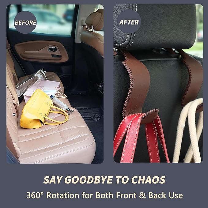 Amooca Car Seat Headrest Hook Universal Vehicle Storage Hanger Leather with Metal Car Seat Back Organizer for Handbag Purse Coat Brown 2 Pack