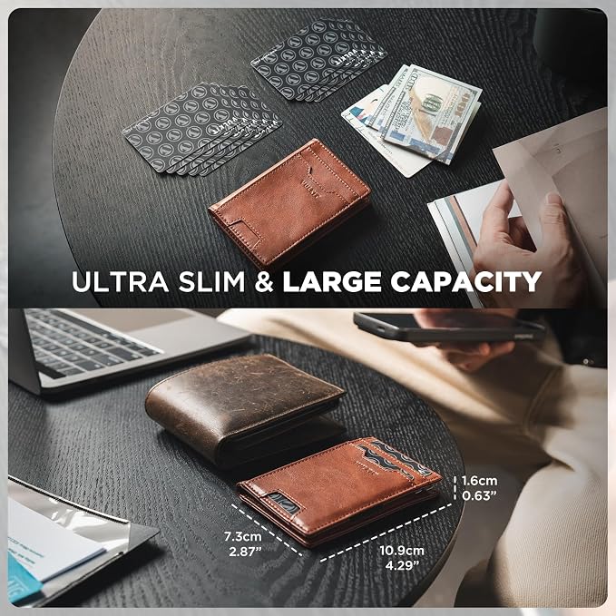 VULKIT Credit Card Holder RFID Blocking Slim Leather Front Pocket Mens Wallet Bank Card Holder Quick Access with 10 Slot and Money Band for Bills or Receipt, Palm-Size Wallet, Brown, S, Minimalist