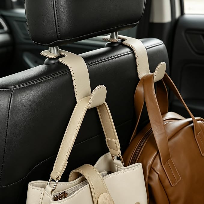 Amooca Car Seat Headrest Hook, Universal Vehicle Storage Hanger, Leather with Metal Car Seat Back Organizer for Handbag, Purse, Coat, Ergonomic Design, Beige 2 Pack