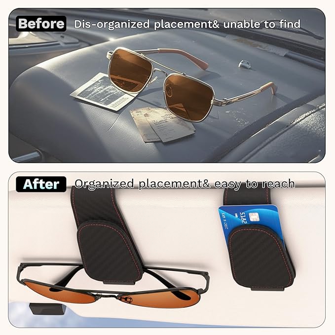 BFXM Sunglass Holder for Car, Sunglasses Holder Eyeglass Hanger Clip Magnetic Leather for Car Visor, Cars Sun Visor Ticket Card Clip