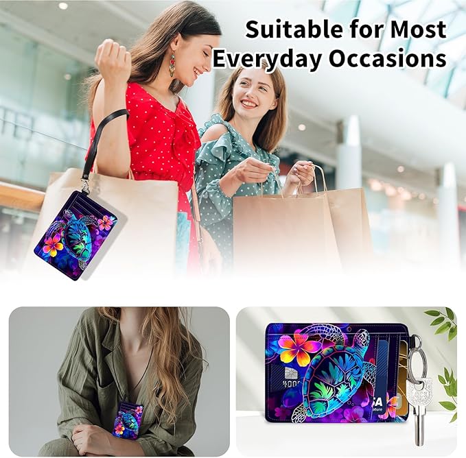 Slim Minimalist Front Pocket Wallet,Credit Card Holder Wallet for Women Men,RFID Blocking Credit Card Holder Case Leather Cute Small Thin Wallet ID Window&Wrist Strap,Glitter Sea Turtle