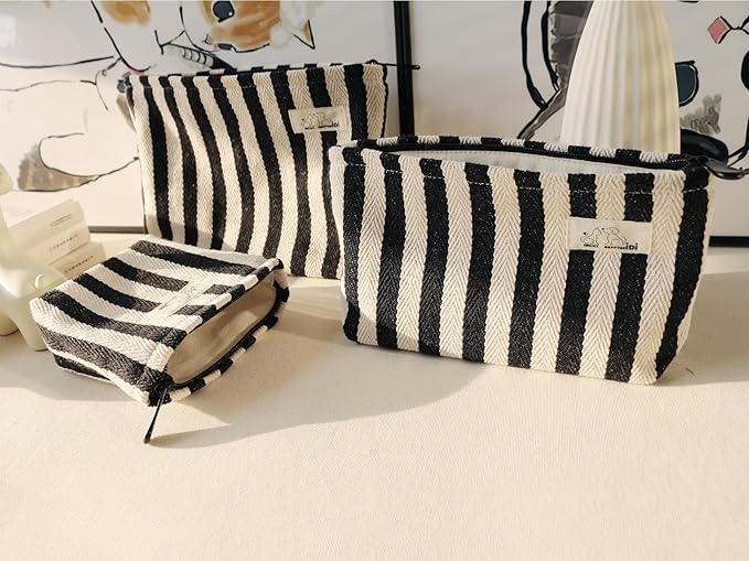HAPPYHEIDI Black White Stripe Makeup Bag Set 3 with Compartment Cosmetic Toiletry Travel Pouch,Purse Accessory Organizer, 3-Size, Canvas Lined
