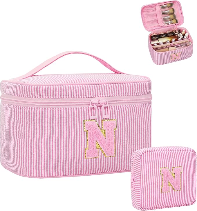 Initial Makeup Bag Cosmetic Bag Bridal Shower Gifts - Bridesmaid Bag,Bridesmaid Proposal Gifts for Wedding Day,Maid Matron of Honor Gift, Bride to be Gifts,Bachelorette Party Favors,2PCS,Pink N