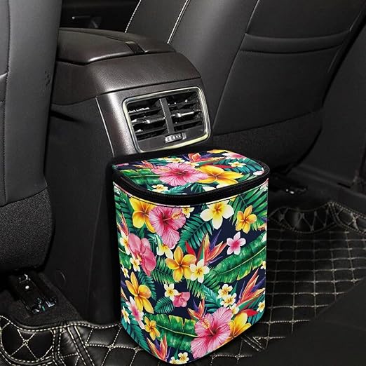 Biyejit Tropical Hibiscus Car Garbage Can Leak-Proof Car Trash Can with Lid and Storage Pockets, Automotive Trash Bin for Men and Women, Cars Interior Accessories