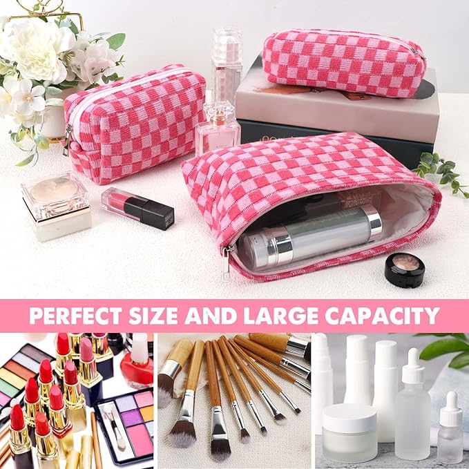 3 Pcs Makeup Bag Cosmetic Bag Set for Girls Women Checkered Travel Organizer Bathroom Toiletry Pouch Large Capacity Storage Bag (Rose-Red)