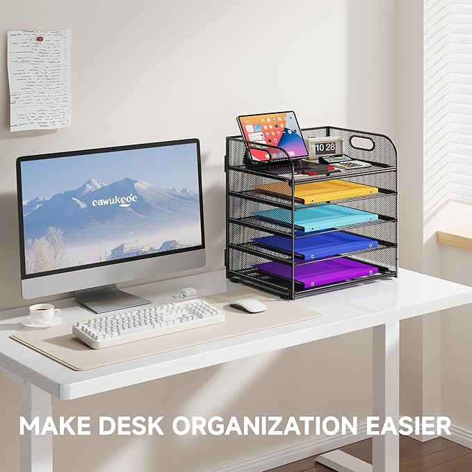 Cawukege 5 Tier Paper Organizer with Handle, Black Metal Mesh Desk Organizer File Folder Paper Letter Tray Desktop Document Sorter for Classroom, School, Office Accessories Organization and Storage