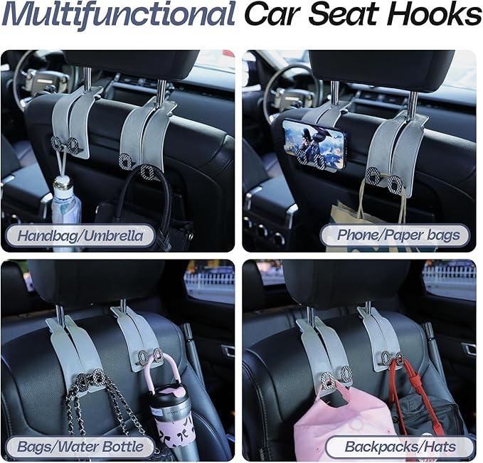 Car Headrest Hooks Universal Car Purse Hook Premium Leather and Alloy Twin Hook Car Seat Back Storage Hanger Hook for Purse Bags Cloth Drink Durable Holder Car Accessories (BH09-Grey-Black)