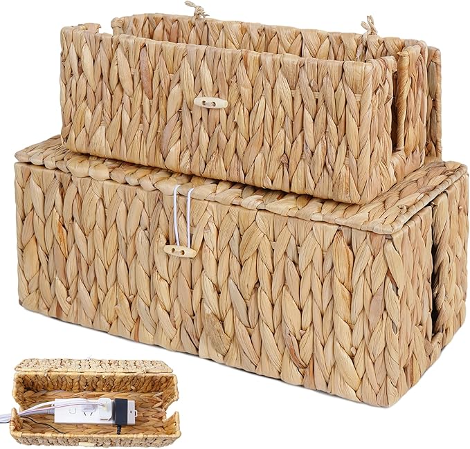 Cable Management Box with Lids-Handwoven Rattan Cord Organizer with Open Slots,Desk Organizer Box to Hide Power Strips&Cords,Office Desk Accessories Storage Basket,2 Pack