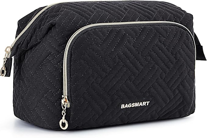 BAGSMART Travel Makeup Bag, Cosmetic Bag Small Make Up Organizer Case,Wide-open Pouch for Women Purse for Toiletries Accessories Brushes Black