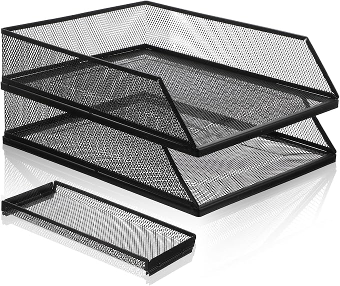 2-Tier Stackable Paper Tray Organizer with Top Tray, Metal Mesh Desktop File Holder & Document Sorter for Office, Home, Learning Places (Black)
