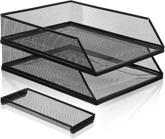 2-Tier Stackable Paper Tray Organizer with Top Tray, Metal Mesh Desktop File Holder & Document Sorter for Office, Home, Learning Places (Black)