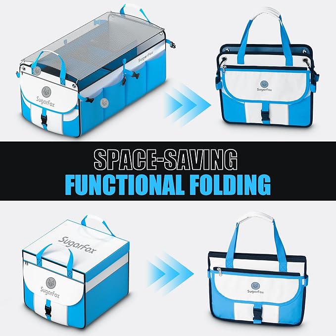 SugarFox Car Trunk Organizer for SUV - 63L+26L Modular Storage, Heavy-Duty, Foldable Waterproof, Soft & Hard Covers, Non-Slip, Multi-Compartment, Blue M006