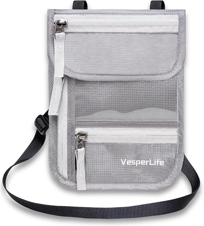 Travel Pouch Anti-Theft Neck Wallet, RFID Blocking Passport Holder, Travel Wallet, Water-Resistant Lightweight Organizer for Cruise Travel, Men Women Family (Light Gray)