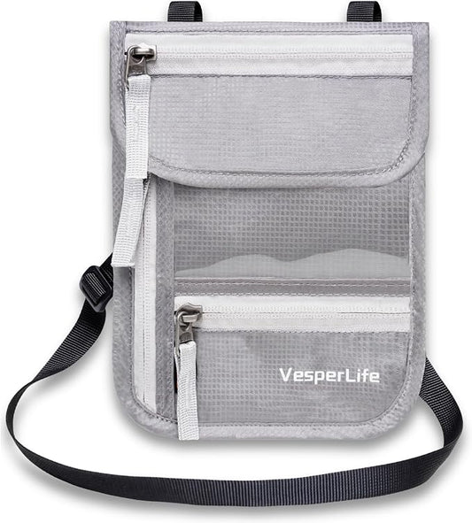 Travel Pouch Anti-Theft Neck Wallet, RFID Blocking Passport Holder, Travel Wallet, Water-Resistant Lightweight Organizer for Cruise Travel, Men Women Family (Light Gray)
