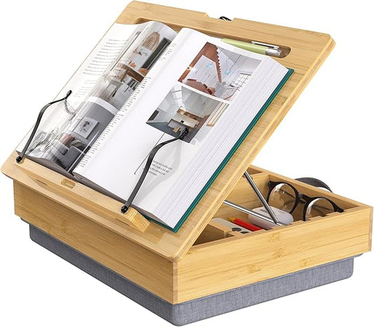 AboveTEK Book Stand for Reading with Storage, Adjustable Bamboo Book Holder with Soft Lap Cushion, Cookbook Stand, Hands-Free Book Reading Stand for Bed, Desktop & Kitchen Counter