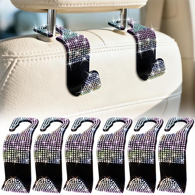 BFXM 6 Pack Bling Car Seat Headrest Hooks, Rhinestone Purse Hook for Car, Universal Storage Organizer for Handbag Grocery Bags Coats, Bling Car Accessories for Women (Bling Colorful)