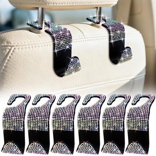 BFXM 6 Pack Bling Car Seat Headrest Hooks, Rhinestone Purse Hook for Car, Universal Storage Organizer for Handbag Grocery Bags Coats, Bling Car Accessories for Women (Bling Colorful)