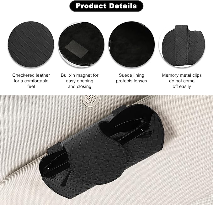 Sunglasses Holder for Car Visor, Auto Soft Leather Glasses Case with Magnetic Clips, Car Sun Visor Eyeglasses Holder Protective Box, Universal Interior Car Accessories (Black)