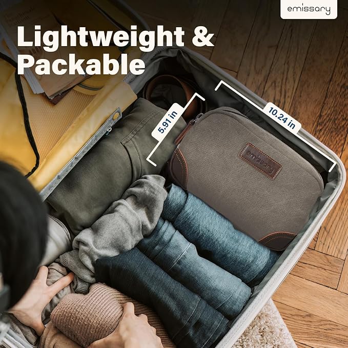 emissary Men's Canvas Travel Toiletry Bag, Leather Dopp Kit - Light Gray | Durable canvas & PU leather, water-resistant lining, side handle; roomy men's Dopp kit for travel & gym