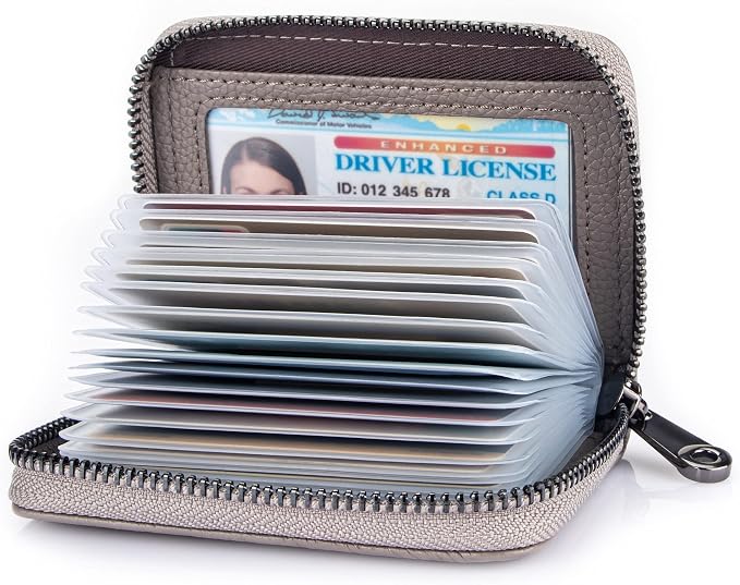 Suweibuke Genuine Leather Credit Card Holder Zipper Wallet RFID Blocking Secure Card Case ID Case Organizer (Grey)