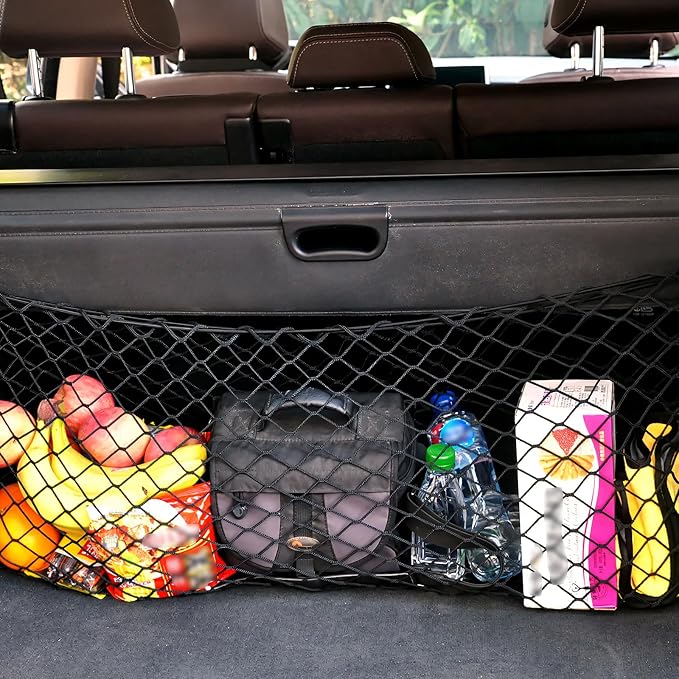 Car Rear Cargo Net, Adjustable Elastic Trunk Storage Net with Mounting Screws & Hooks, Envelope Style Mesh Organizer Cargo Netting for SUV Pickup Truck, Car Accessories (Small)