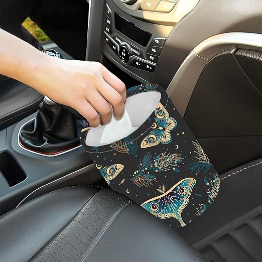 Car Garbage Bag Boho Butterflies Stars Mini Car Trash Bin Portable Collapsible Waterproof Rubbish Bag for Car Accessories Back Front Seat Cup Holder