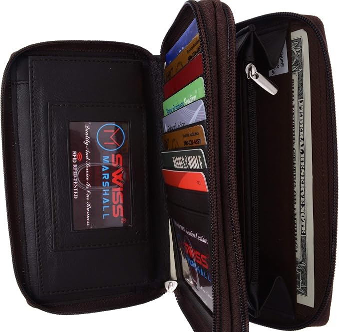 MARSHAL Genuine Leather Double Zipper Clutch Checkbook Wallet for Women #4575CF (RFID Brown)