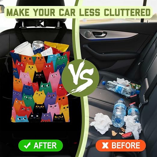 Car Trash Bag Abstract Colorful Cartoon Cats Hanging Drawstring Car Organizer and Storage Bag with Adjustable Buckle Canvas Garbage Bin for Back Seat or Hanging Headrest Road Trip Essentials