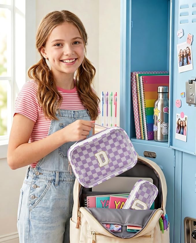 LETGO Preppy Makeup Bag for Women - Monogram Personalized Initial Makeup Bags Cosmetic Pouch Make Up Case for Women Her Best Friend Friendship Sister Teacher,Birthday Gifts for Women(D,Purple&Beige)