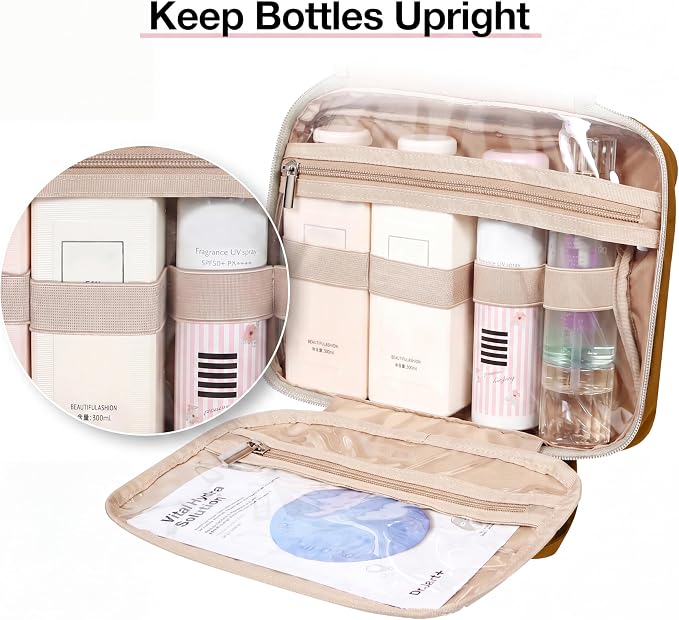 BAGSMART Toiletry Bag Hanging Travel Makeup Organizer with TSA Approved Transparent Cosmetic Bag Makeup Bag for Full Sized Toiletries(Stone Khaki)