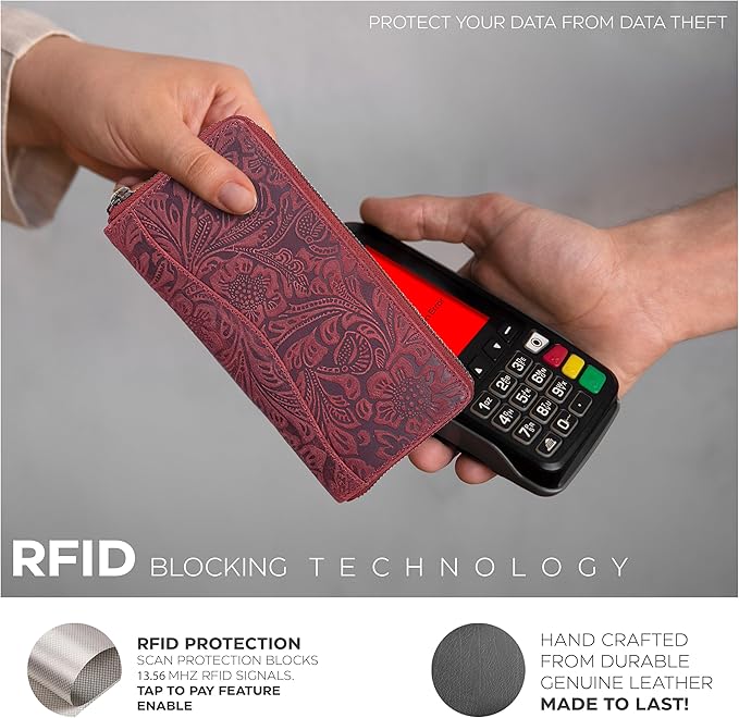 Red Embossed Wallet for Women - Leather RFID Womens Wallet Clutch with 8 Credit Card Holder, Coin Pocket, Gift for Women’s