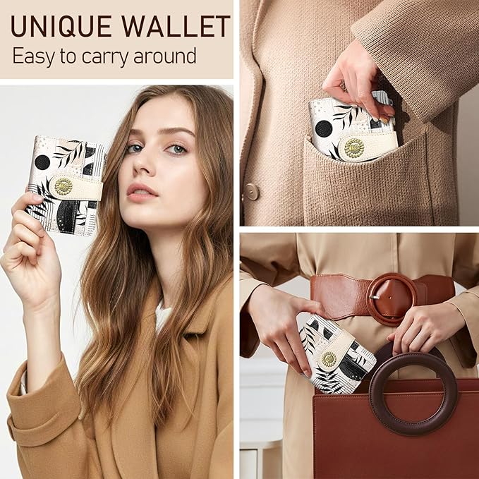 Kelvoris Boho Abstract Art Aesthetic Small Rfid Women Wallet Bifold Zipper Coin Pocket PU Leather Compact Cash Travel Credit Card Holder for Female Ladies Teen Girls 1 ID Window 10 Card Slots