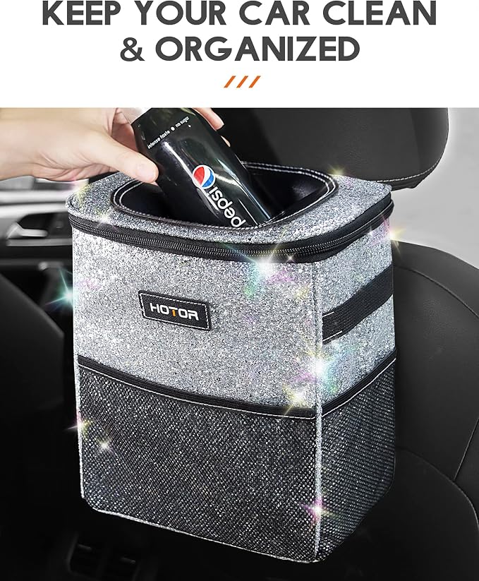 HOTOR Car Trash Can with Lid and Storage Pockets - 100% Leak-Proof Organizer, Waterproof Garbage Can, Multipurpose Trash Bin for Car, 2 Gallons, Sparkle White