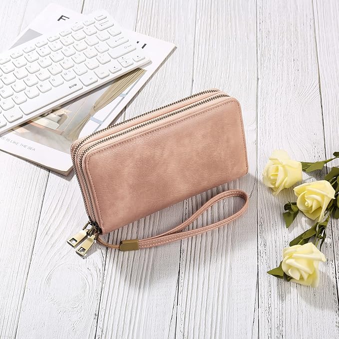 GAEKEAO Wallet for Women Clutch RFID Blocking Wristlet Leather Purse Large Capacity Credit Card Holder with Grip Hand Strap