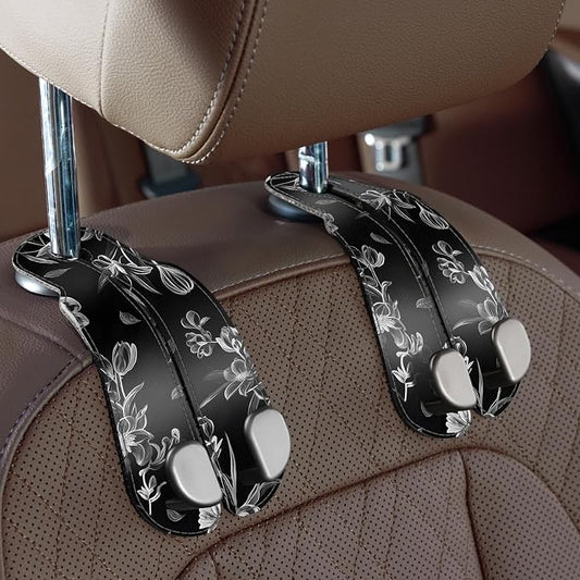 CoBak Purse Hook for Car - Universal Premium Stitched Leather and Aluminum-Magnesium Alloy Double Car Seat Back Storage Hook for Purses, Handbags, Bags (2 Pack),Floral Trace