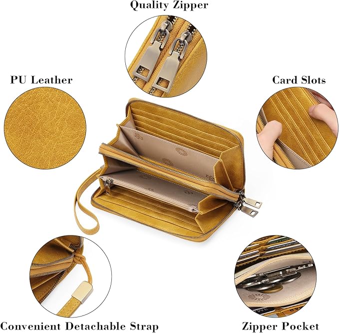 GAEKEAO Wallet for Women Clutch RFID Blocking Wristlet Leather Purse Large Capacity Credit Card Holder with Grip Hand Strap