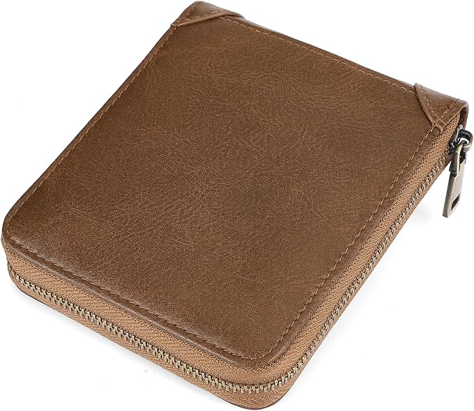 GAEKEAO Zipper Wallet for Men Vegan Leather RFID Blocking Large Capacity Bifold Wallets with ID Window Change Pocket