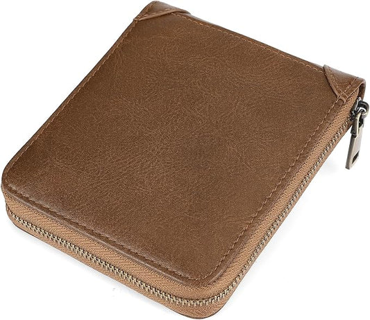 GAEKEAO Zipper Wallet for Men Vegan Leather RFID Blocking Large Capacity Bifold Wallets with ID Window Change Pocket