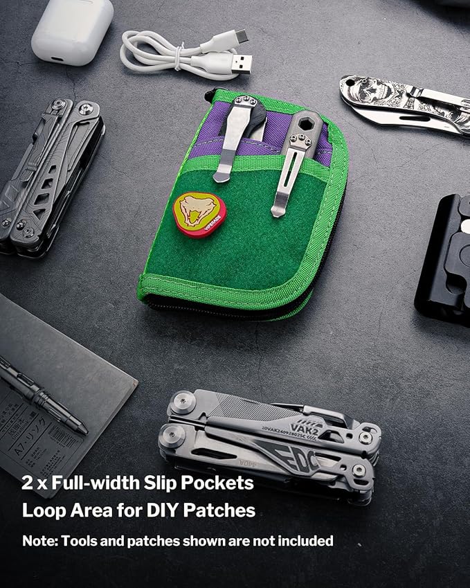 VIPERADE VE10 EDC Pouch Small Pocket Tool Pouch with 10 Compartments, Men's Pocket Organizer for Multitools, EDC Organizer with Patches Area for DIY (Green+Purple)