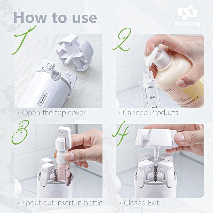 4 in 1 Travel Dispenser Bottles Shampoo Refillable Leak Proof TSA Compliant Size Containers Toiletries Toiletry with Pump Design Portable Organizer Conditioner Lotion Cream Vacation (White)