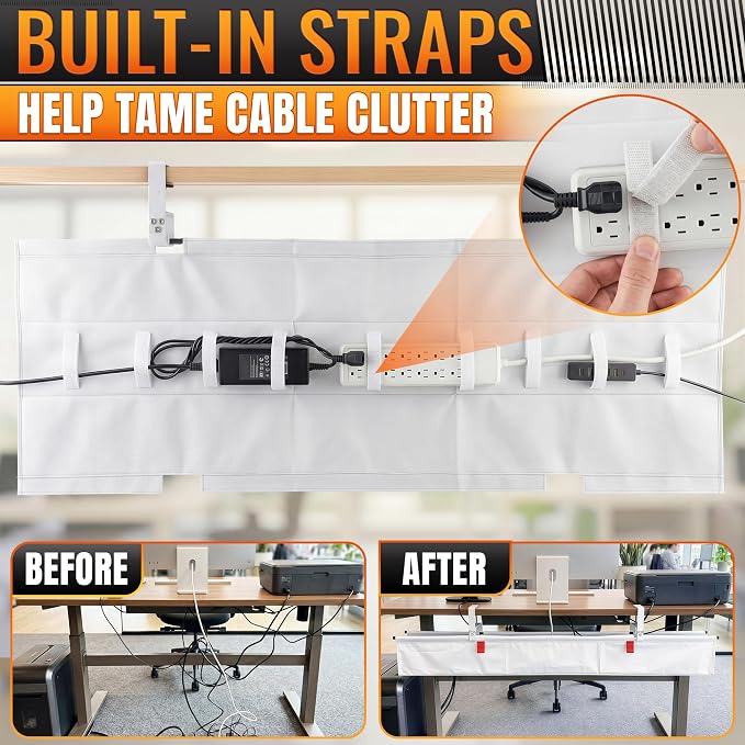 Under Desk Cable Management Tray 48" — No Drill Clamp-On Cord Organizer for Desk with Built-in Ties, Heavy Duty Metal Clamp, Foldable 600D Oxford Fabric for Home Office, WFH & Gaming PC Setup (White)