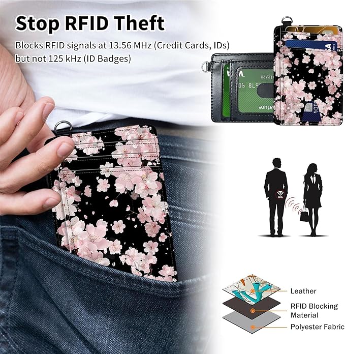 Slim Minimalist Front Pocket Wallet,Credit Card Holder Wallet for Women Men,RFID Blocking Credit Card Holder Case Leather Cute Small Thin Wallet ID Window&Wrist Strap,Pink Flower Black