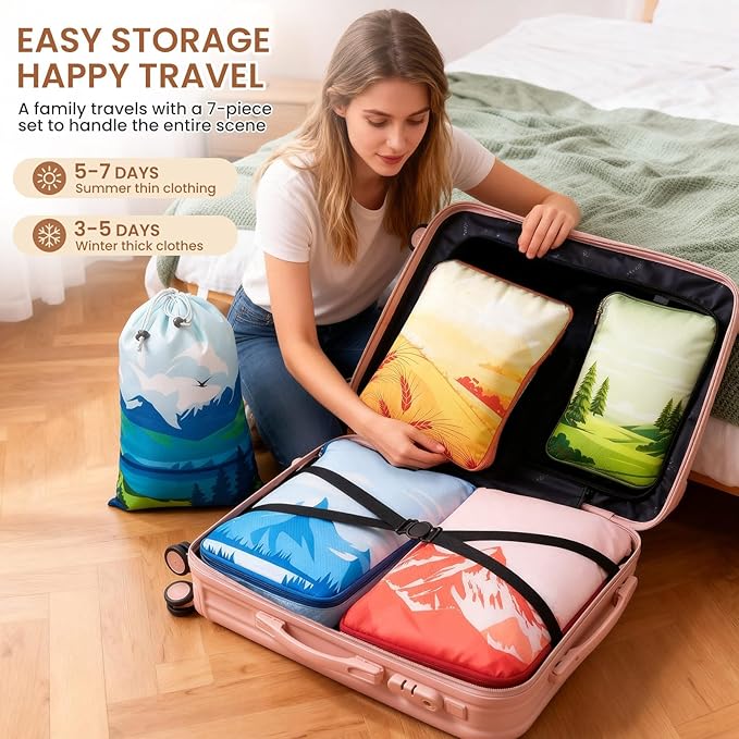 7 Set Compression Packing Cubes for Travel - Compressible/Expandable Luggage Organizer Bags Set, Double Zipper Packing Organizer for Suitcase, Lightweight Travel Essentials Accessories
