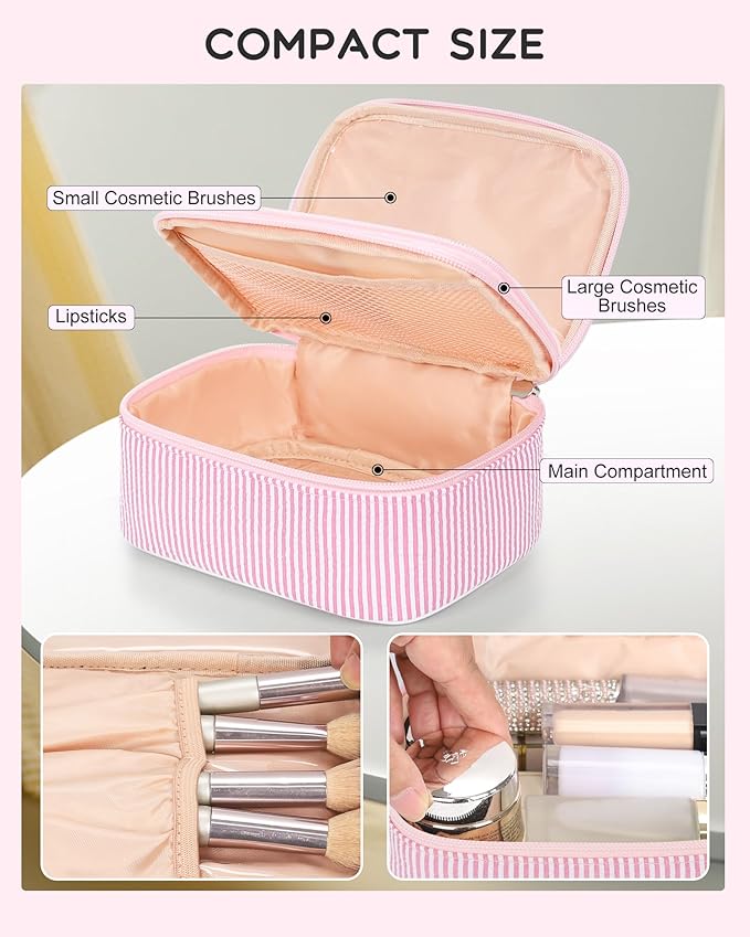 Relavel Travel Makeup Bag, Small Pink Cosmetic Bag with 2 Makeup Brush Holders, Portable Makeup Pouch for Women, Cute Toiletry Bag with Double Layer Organizer, Strip