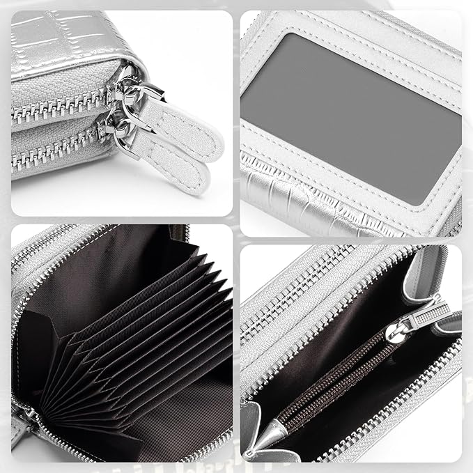 Vulkitty Zipper Credit Card Holder for Women, Leather RFID Blocking Card Wallet, Card Case for Female, Ladies Wallet with Zip Coin Pocket, Silver